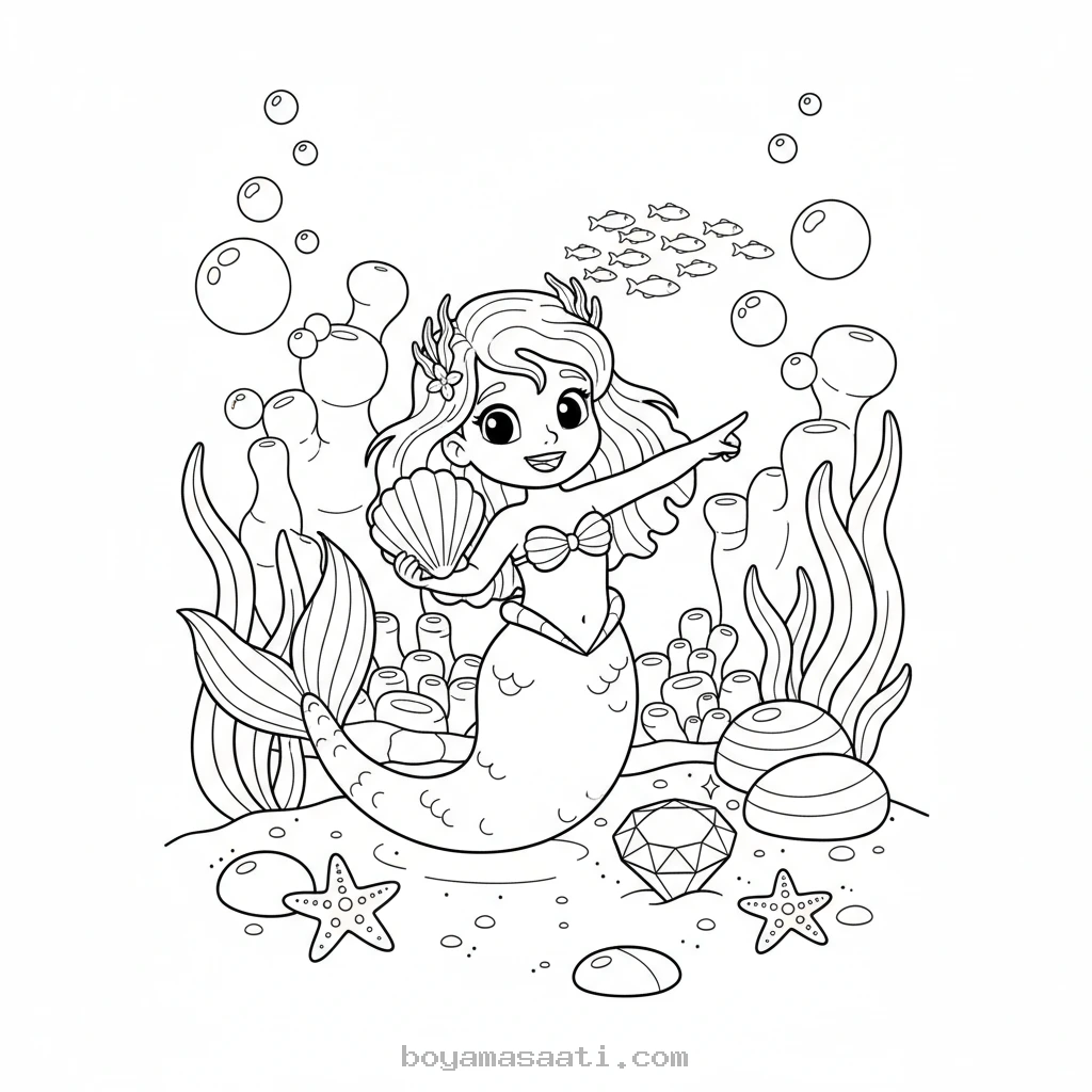 Kayıp mücevherini arayan deniz kızı boyama sayfası