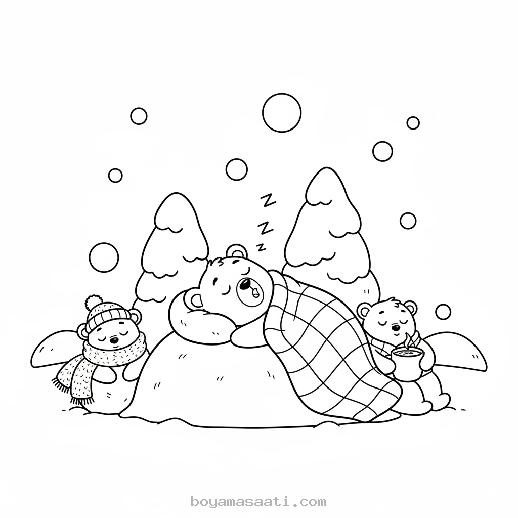 Kış uykusundaki tembel ayıcık boyama sayfası