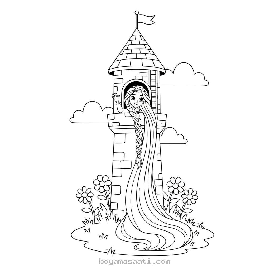 Kulesinde Rapunzel uzun saçları boyama sayfası