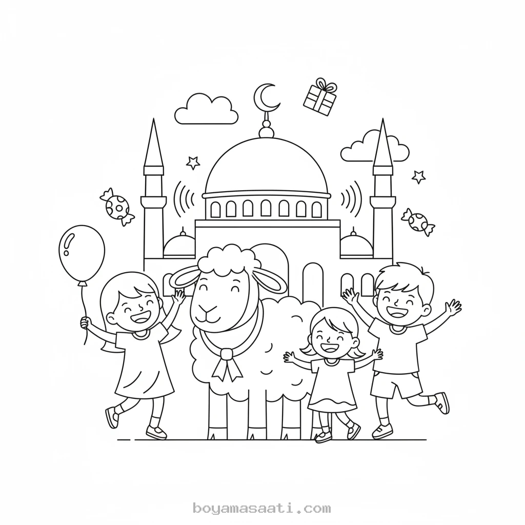 Kurban Bayramı coşkusunu yaşayan çocuklar boyama sayfası