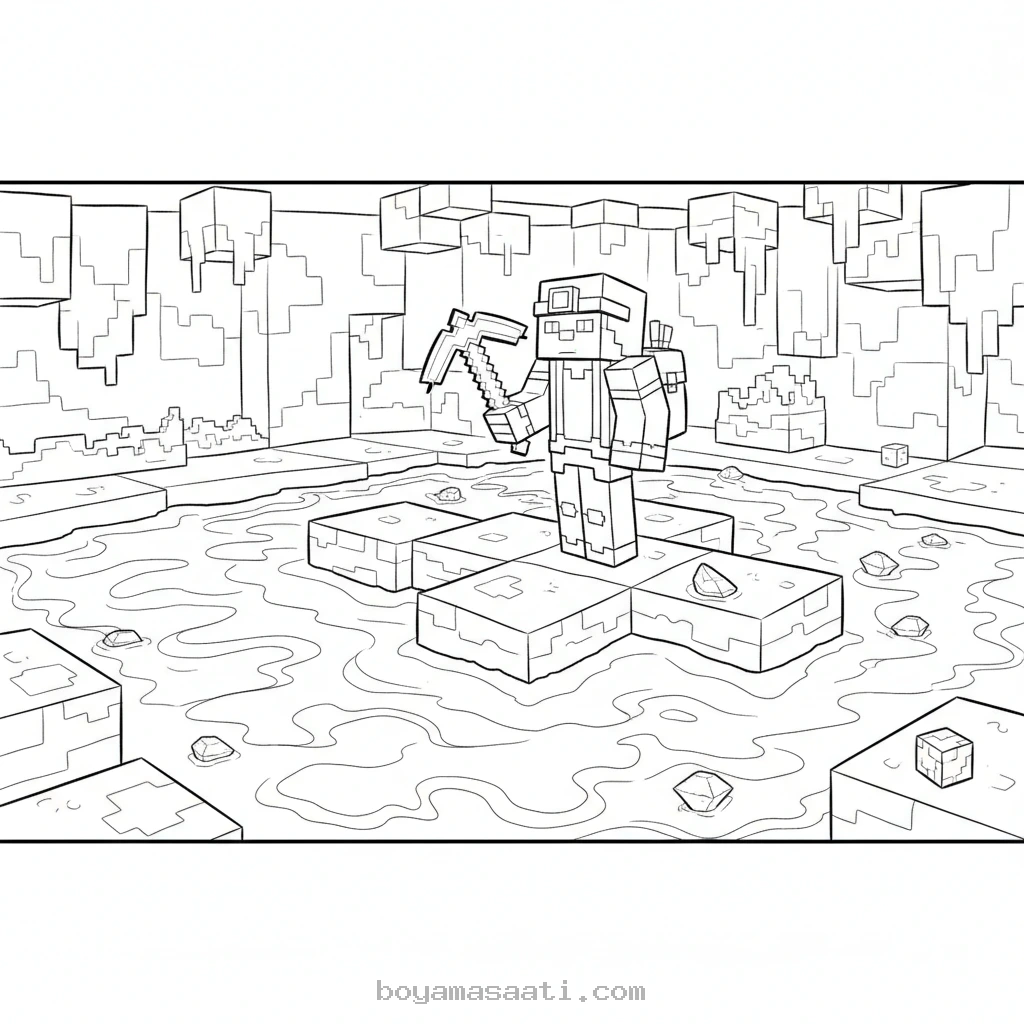 Minecraft lav gölünde madenci boyama sayfası