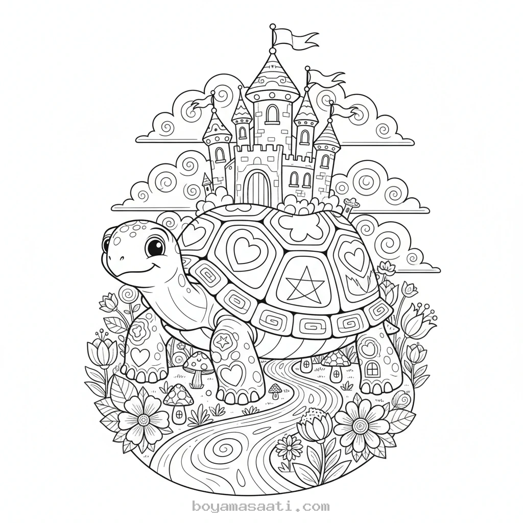 Masal Diyarında Yüzen Kaplumbağa boyama sayfası
