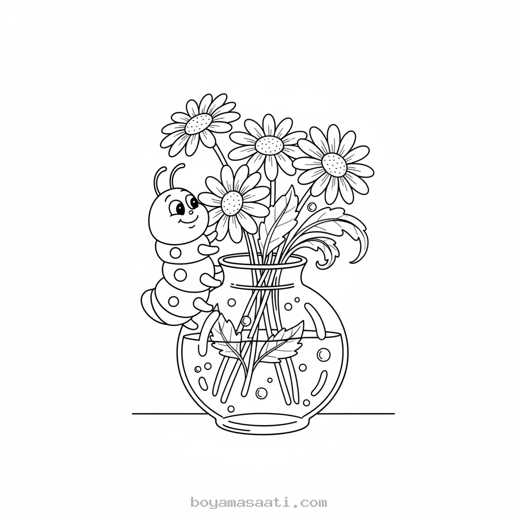 Meraklı tırtılın vazoyu incelediği boyama sayfası