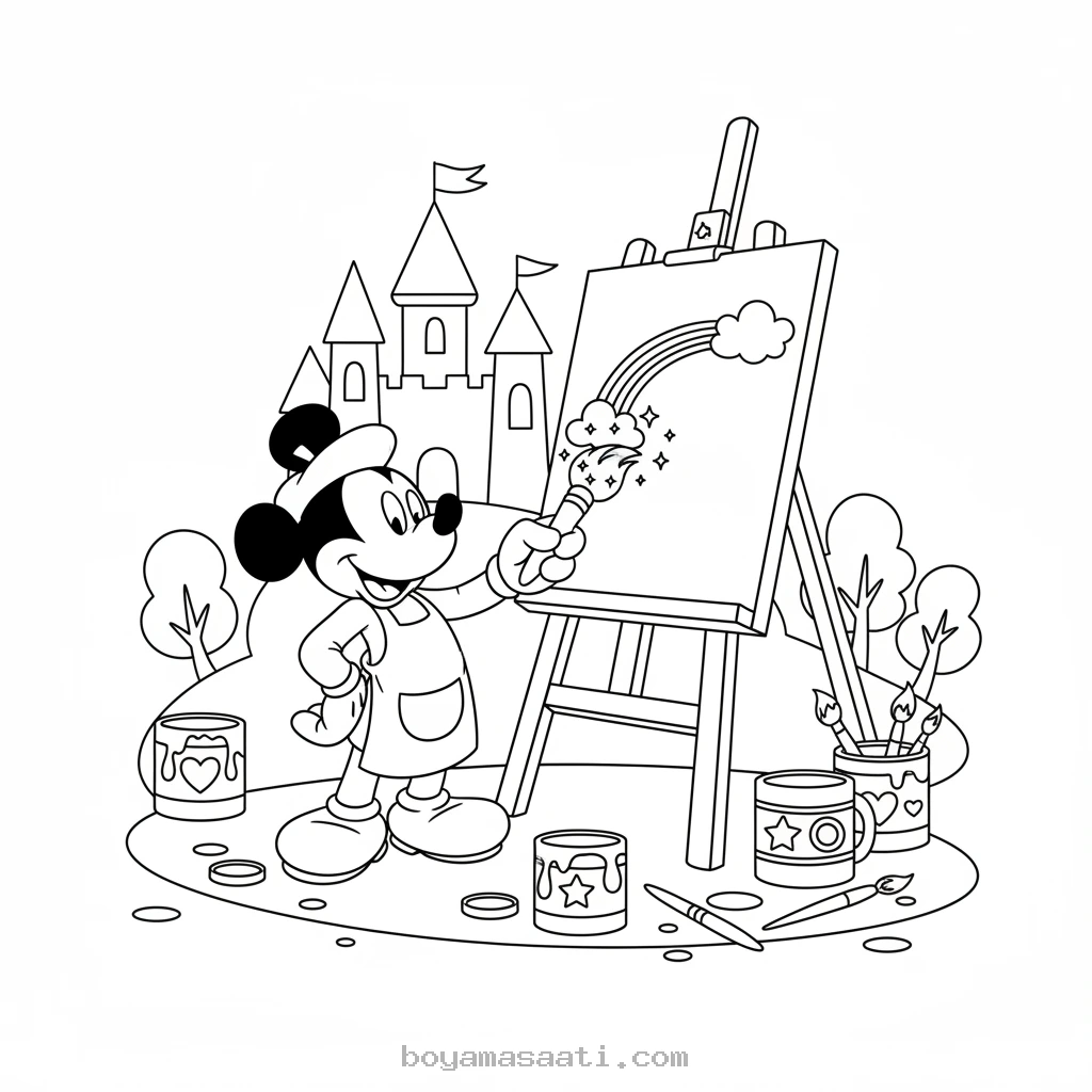 Miki Mouse sihirli boyalarla resim yapıyor boyama sayfası