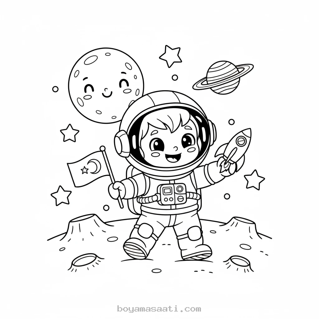 Minik astronot ayda keşif yapan boyama sayfası