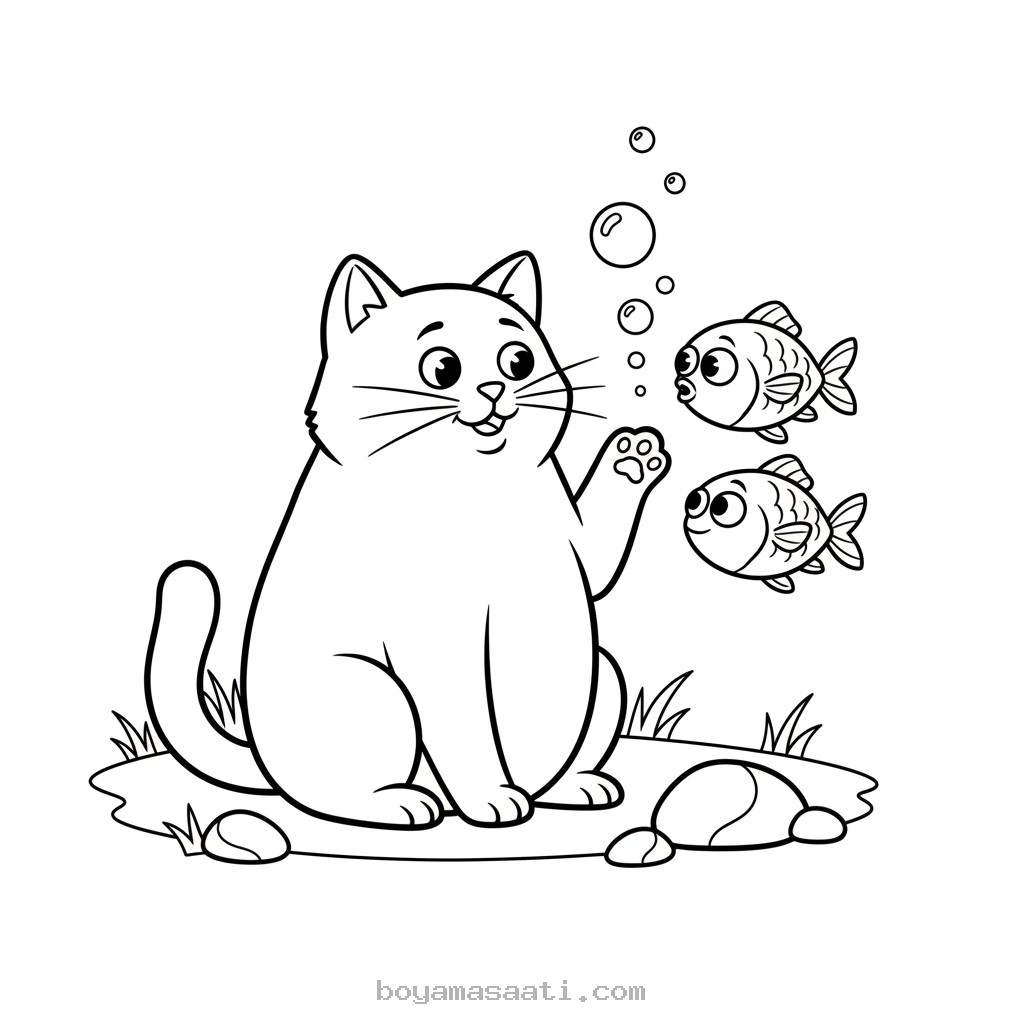 Minik balıklarla sohbet eden kedi boyama sayfası
