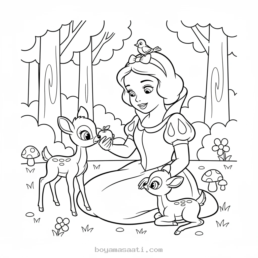Minik Geyiklerle Pamuk Prenses boyama sayfası