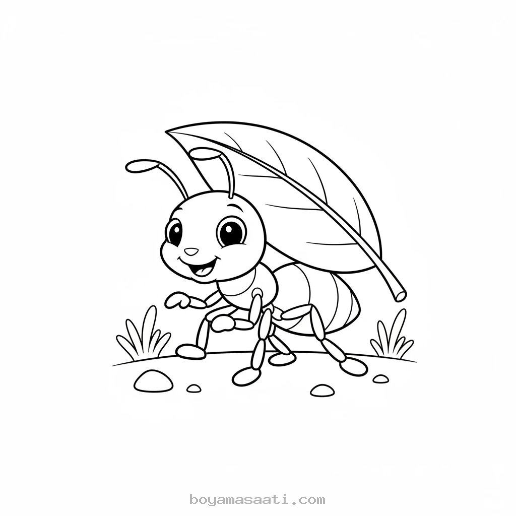 Minik karınca yaprak taşıyor boyama sayfası