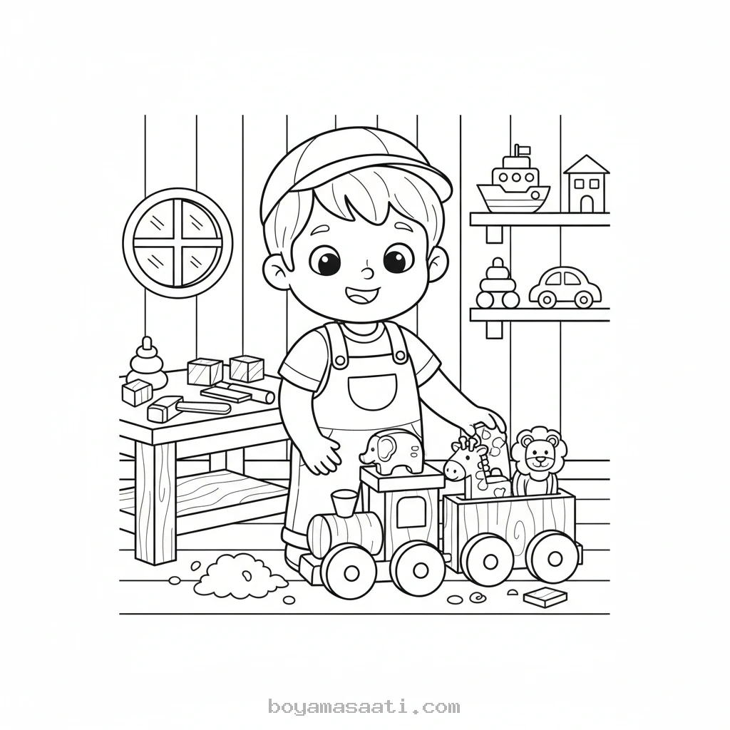 Minik marangozun oyuncak atölyesi boyama sayfası