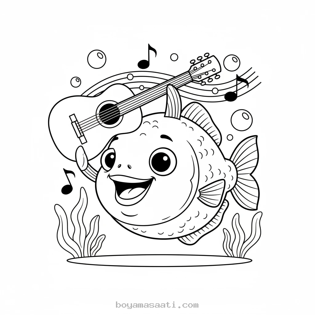 Müziğe meraklı pirana balığı enstrüman çalarken boyama sayfası