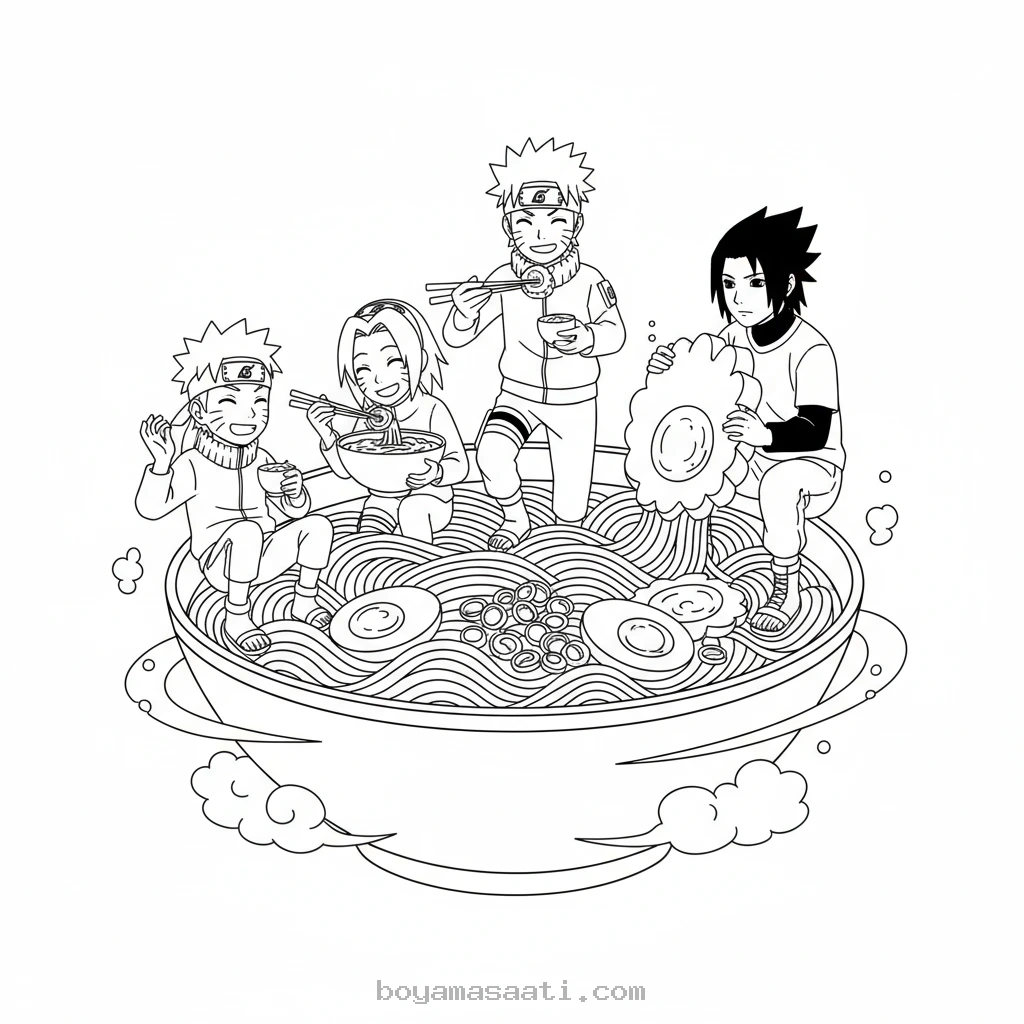 Naruto ve arkadaşları ramen yiyen boyama sayfası
