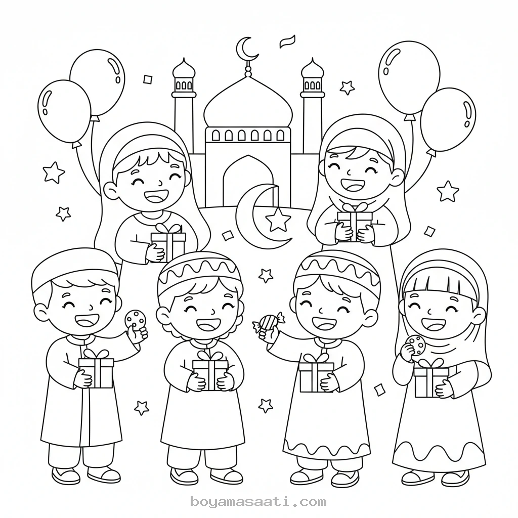 Neşeli çocuklar Ramazan Bayramı boyama sayfası