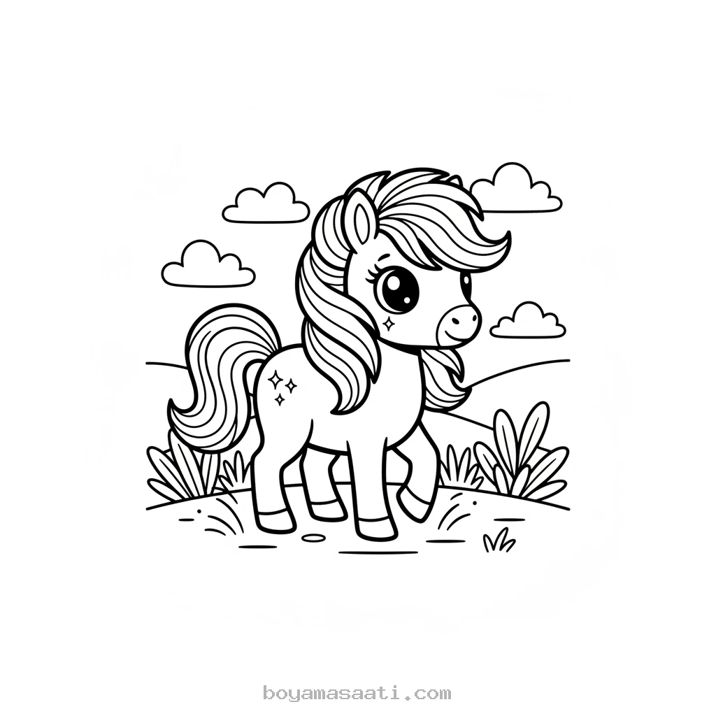 Parlak tüyleri olan pony boyama sayfası