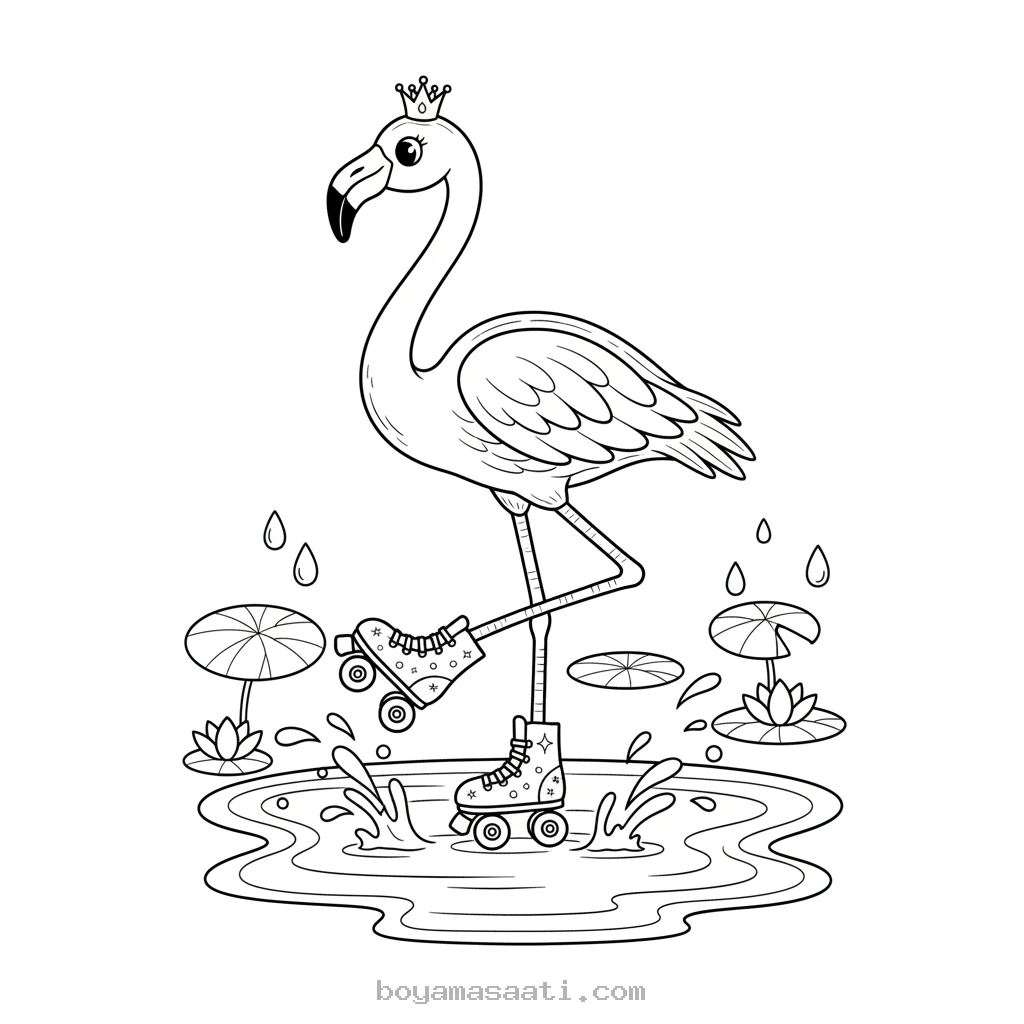 Patenleriyle Suda Dans Eden Flamingo Boyama Sayfası