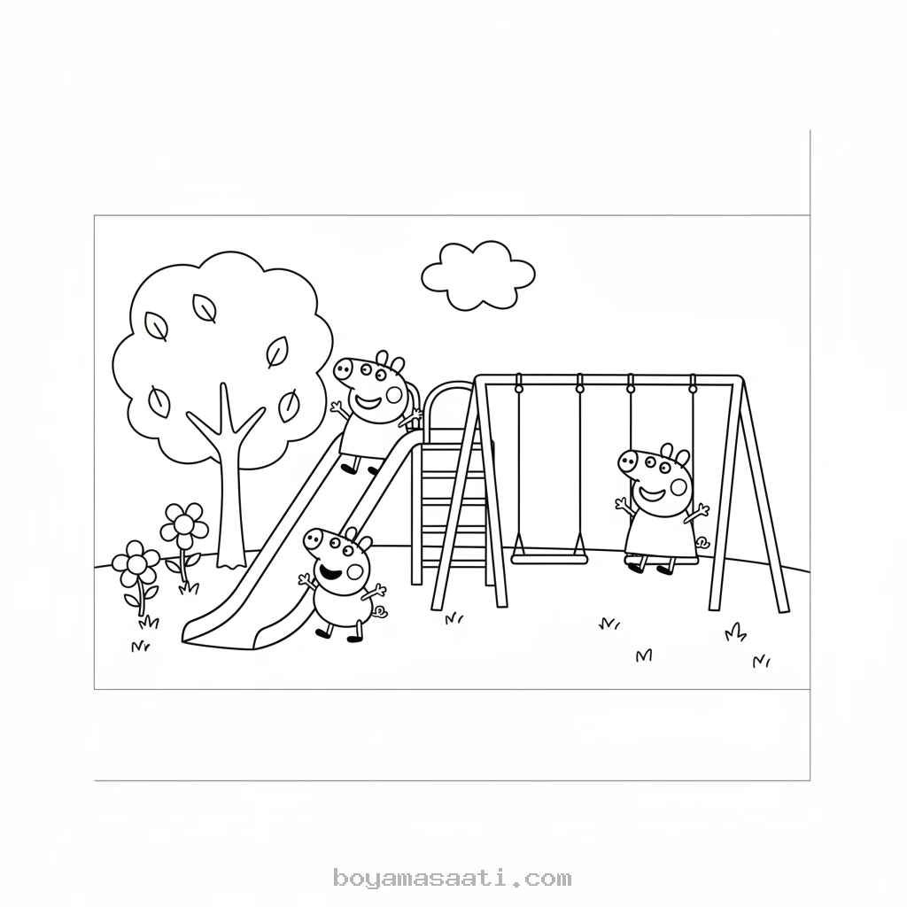 Peppa Pig parkta oynuyor boyama sayfası