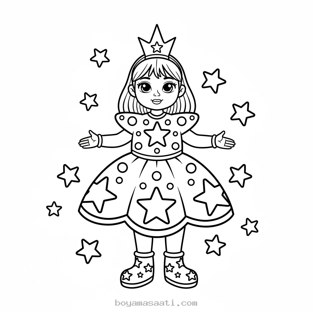 Pırıltılı Elbiseli Kız Çocuk Boyama Sayfası