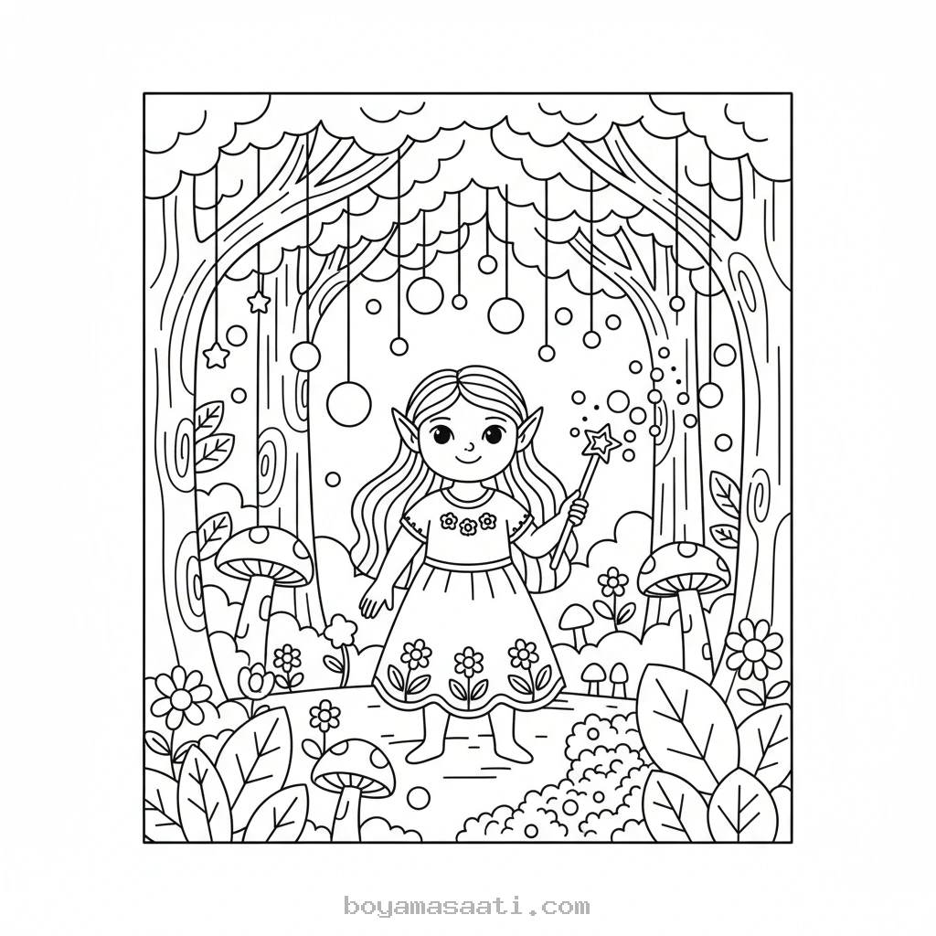 Pırıltılı ormanda dans eden elf boyama sayfası