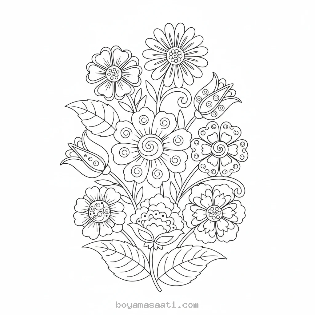 Rengarenk çini çiçekleri desenli boyama sayfası