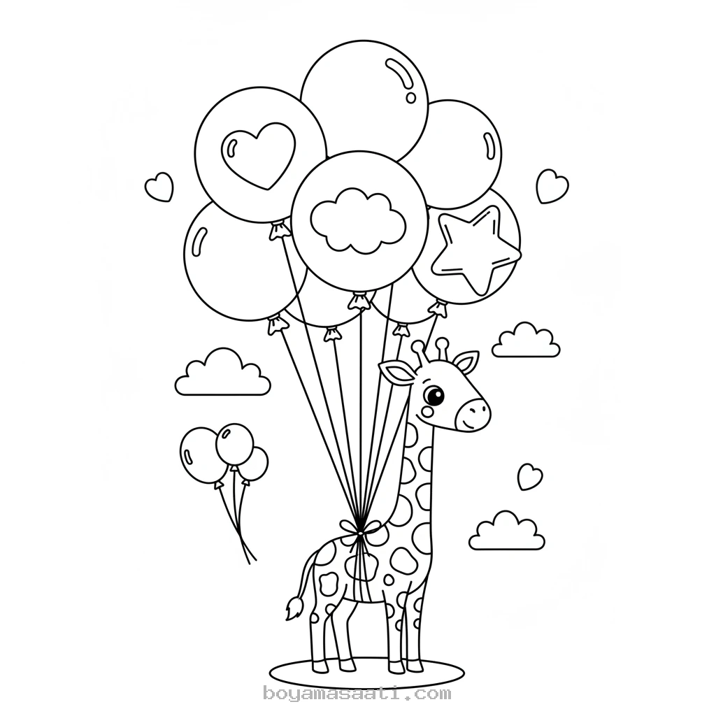 Balonlarla Uçan Zürafa Görseli Boyama Sayfası
