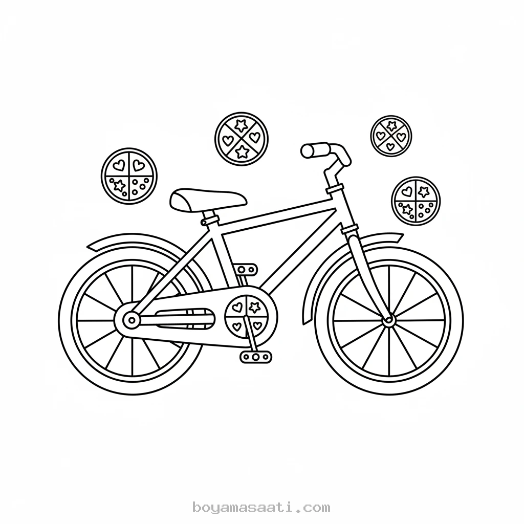 Renkli pedallı bisiklet süren çocuk boyama sayfası