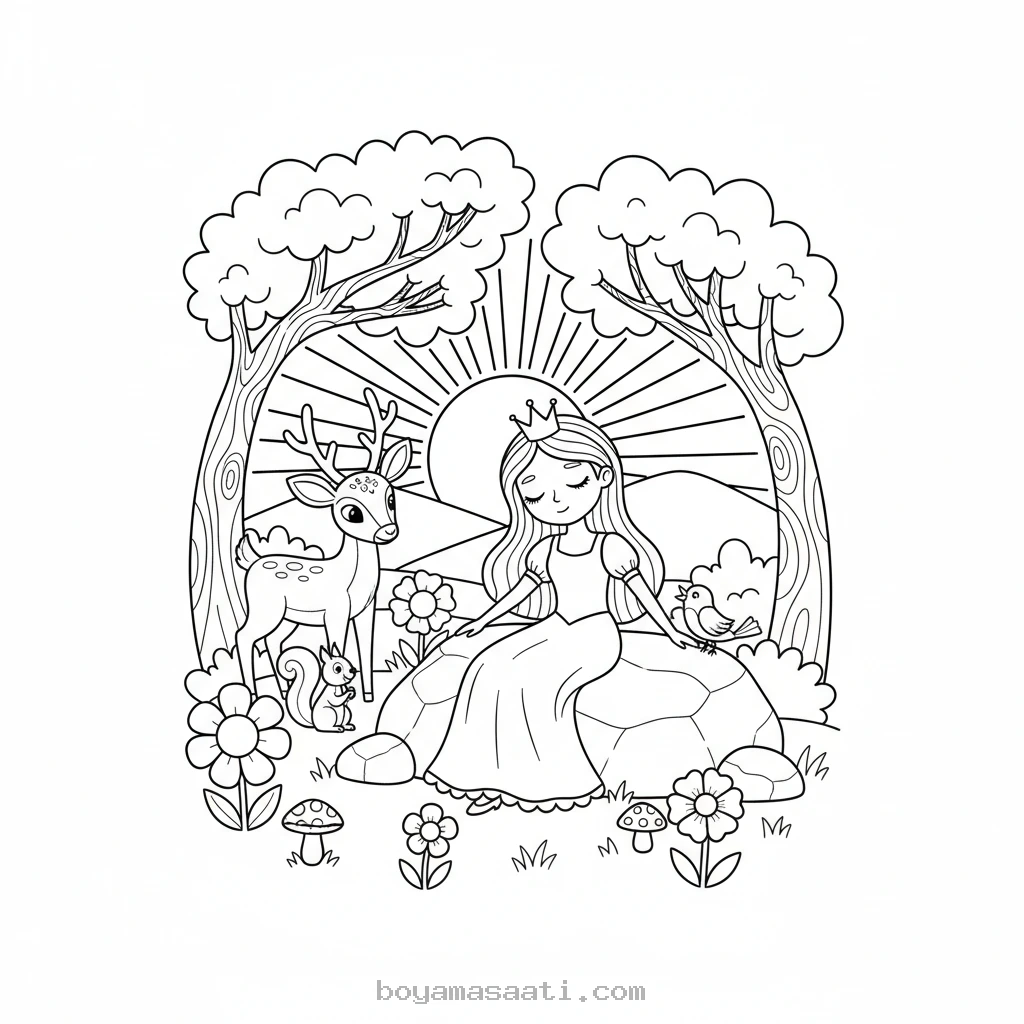 Şafakta uyanan ormandaki prenses boyama sayfası