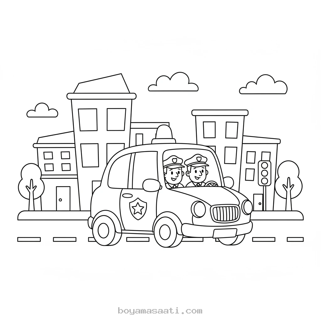 Şehirde devriye gezen polis arabası boyama sayfası