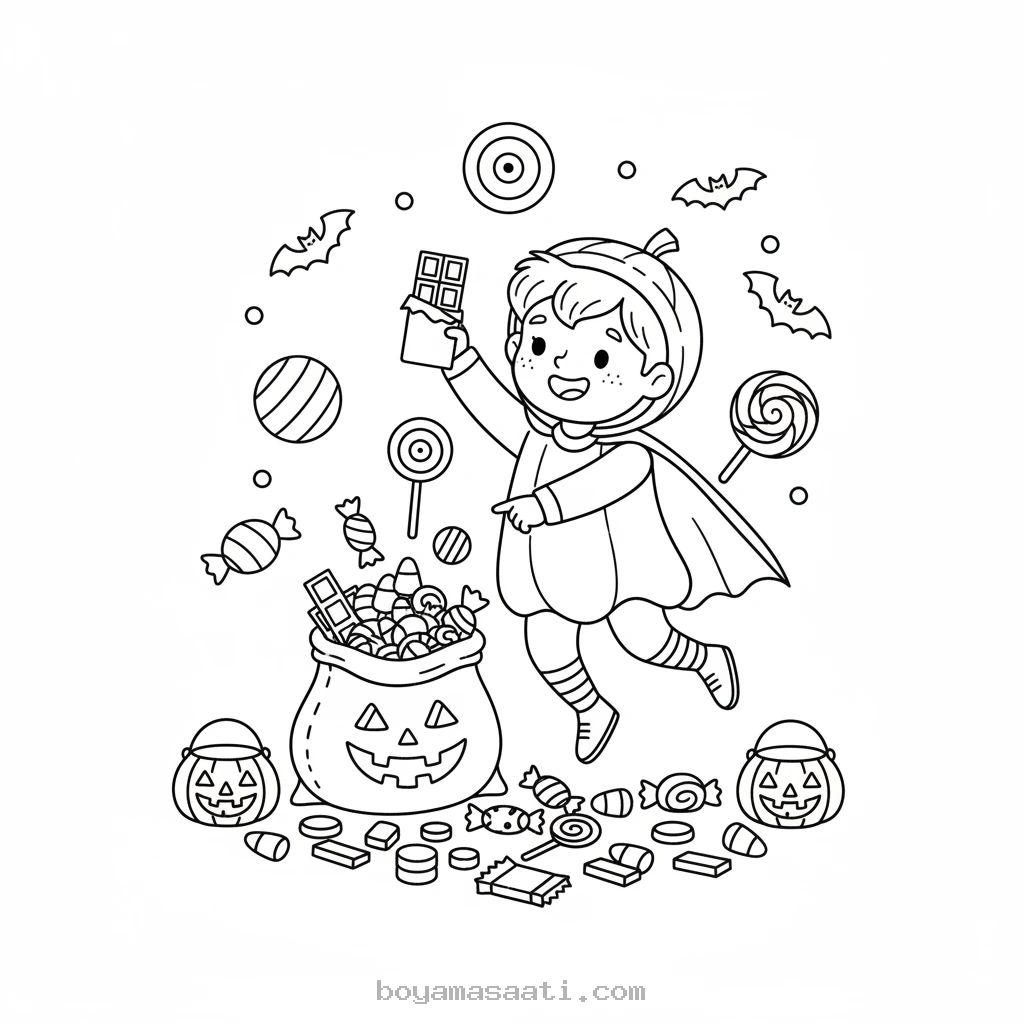 Cadılar Bayramı şekerleri dans eden çocuk boyama sayfası
