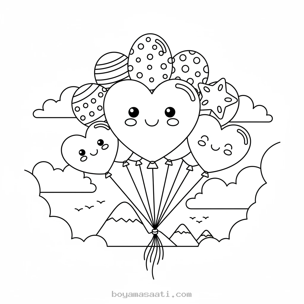 Balonlarla uçan sevimli kalpler boyama sayfası
