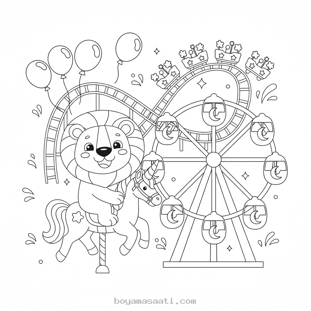 Sihirli lunaparkta eğlenen aslan boyama sayfası