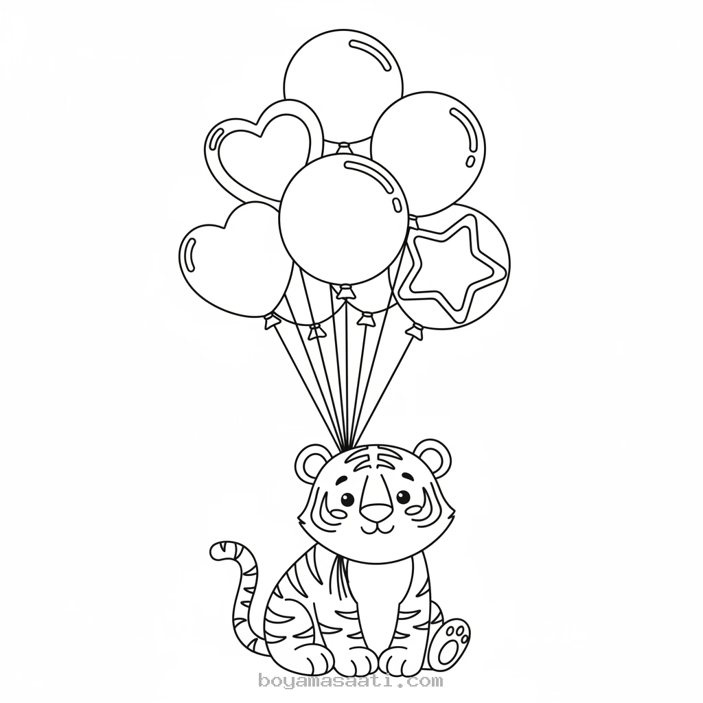 Renkli balonlu kaplan çizimi boyama sayfası