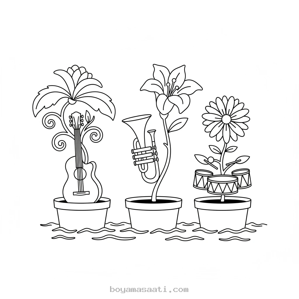 Suda yüzen saksılardaki çiçekler boyama sayfası