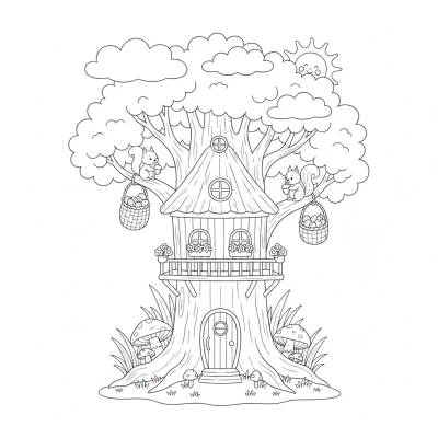 Minik sincabın ağaç evi boyama sayfası