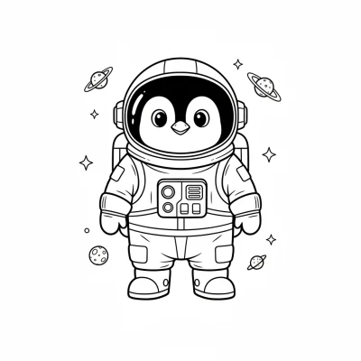 Astronot Giysili Penguen Uzayda Boyama Sayfası