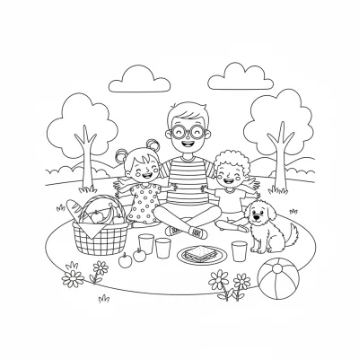 Babalar Günü pikniği yapan aile boyama sayfası