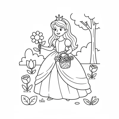 Bahçede çiçek toplayan prenses boyama sayfası