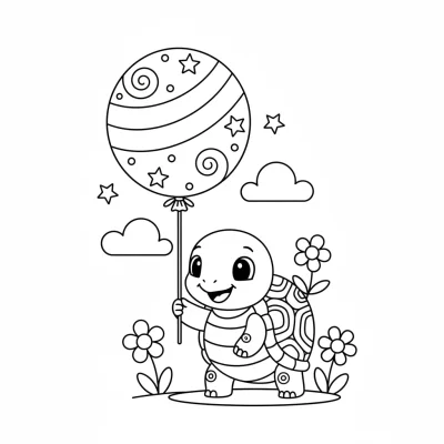 Balon Tutan Minik Kaplumbağa Boyama Sayfası