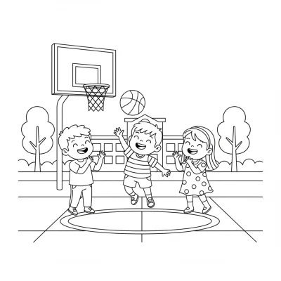 Okul bahçesinde basketbol oynayan çocuk boyama sayfası