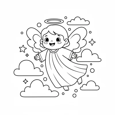 Bulutların üstünde huzurlu melek boyama sayfası
