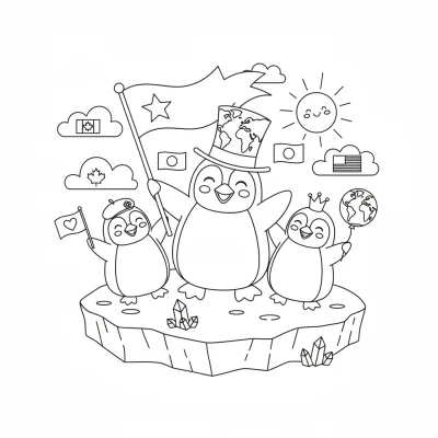 Buzda Kayak Yapan Neşeli Penguenler Boyama Sayfası