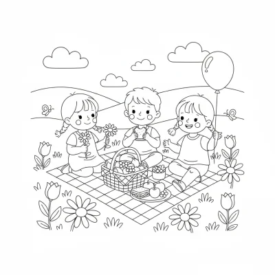 Çiçek Tarlasında Piknik Yapan Çocuk Boyama Sayfası
