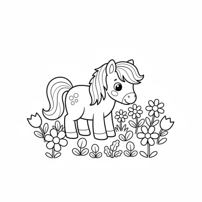 Çiçekler arasında otlayan pony boyama sayfası