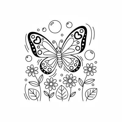 Uçan Kelebek Çiçekler Arasında Boyama Sayfası