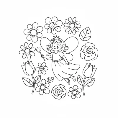 Çiçekler arasında uçan peri boyama sayfası
