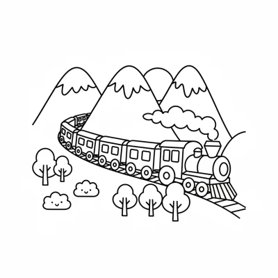Dağlardan geçen uzun tren boyama sayfası