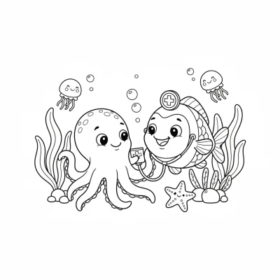 Denizaltında yaşayan minik canlılar boyama sayfası