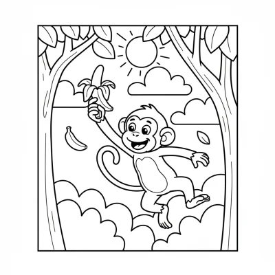 Enerjik maymun renkli dallarda oynuyor boyama sayfası