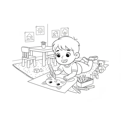 Evde çizim yapan çocuk boyama sayfası