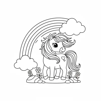 Gökkuşağı üzerinde koşan at boyama sayfası