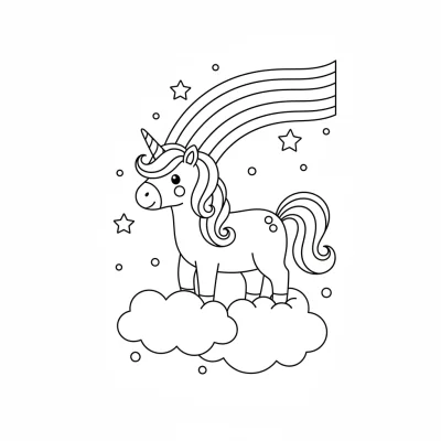 Gökkuşağı üzerinde uçan unicorn boyama sayfası