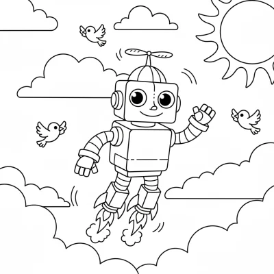 Gökyüzünde süzülen robot boyama sayfası